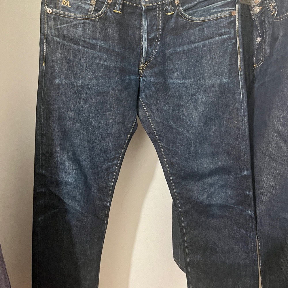 RRL
dark blue raw japanese denim 
28w
distressed